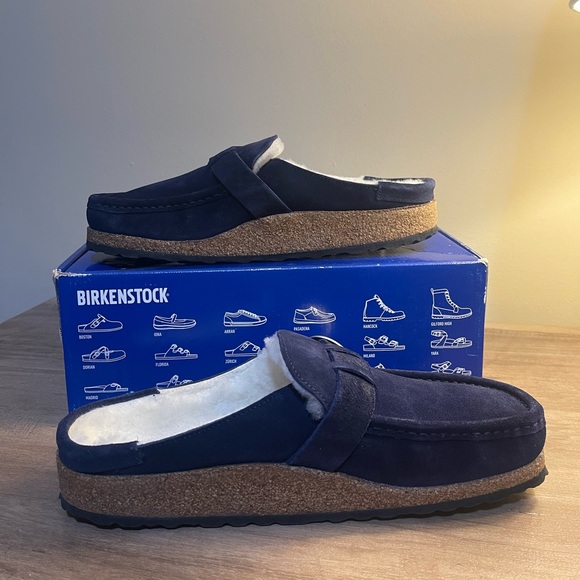 Suede Birkenstock Buckley Shearling in Navy Blue with Silver Hardware - Picture 3 of 15